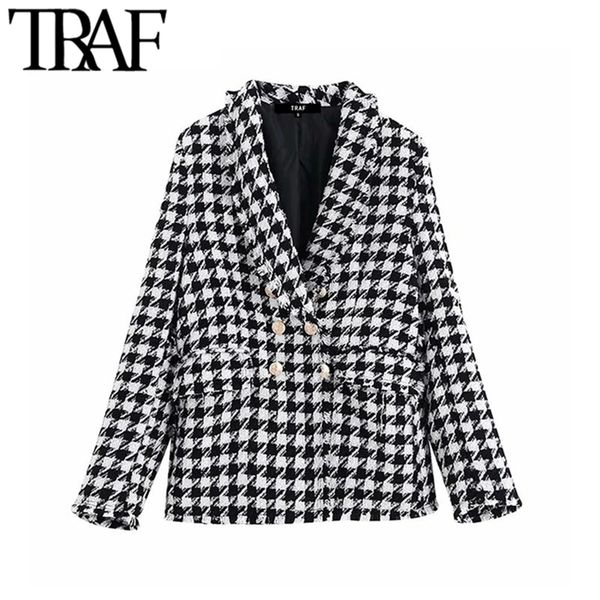 

traf women vintage houndstooth double breasted blazer coat fashion long sleeve frayed trims outerwear chic plaid jacket y201026, White;black