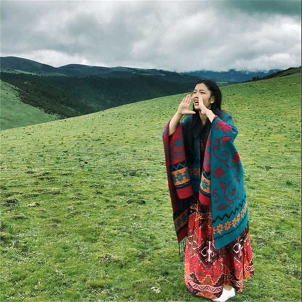 

shawl qinghai yunnan nepal tourism fork scarf womens dual-purpose ethnic cloak zhang yuqi same style, Blue;gray