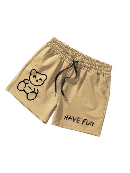 

men letter & cartoon graphic drawstring waist shorts i5n4#, White;black