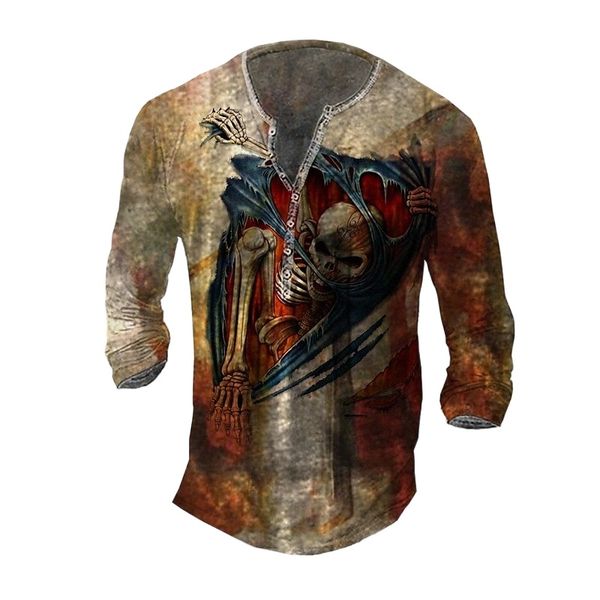 

men's henley shirt tee t shirt 3d print graphic skull plus size henley daily sports button-down print long sleeve basic casual classic, White;black