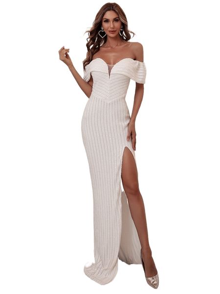 

missord off shoulder split hem sequin prom dress n81z#, Black;gray