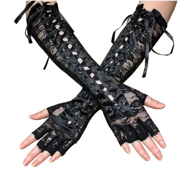 Guanti lunghi senza dita con lacci Accessori per costumi Guanti da gomito neri per feste Guanti Steampunk Scaldamuscoli elastici per donne Ragazze