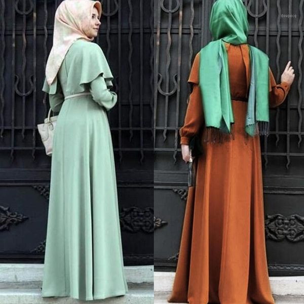 Vestidos casuais wepbel mulheres manto de manga comprida vestido muçulmano grande balanço de cor sólida cor ramadan roupas islâmicas com cinto
