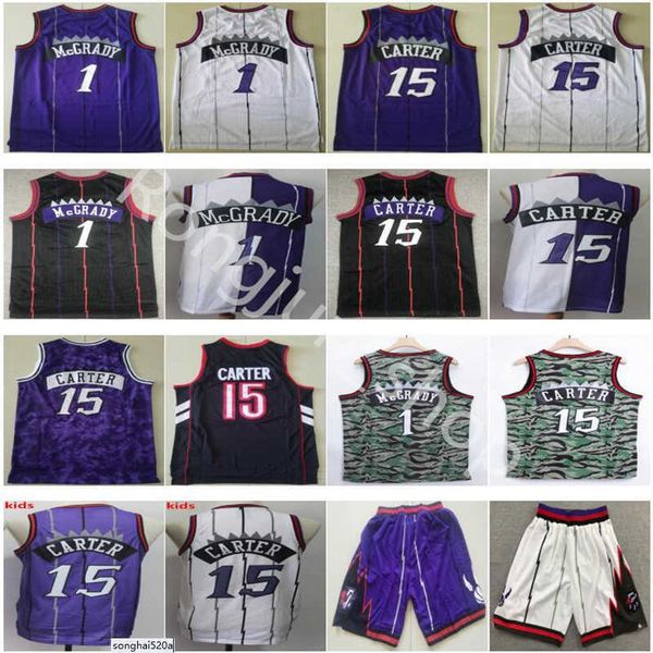 

sewn mesh vintage fashion men basketball tracy 1 mcgrady vince carter 15 jerseys purple white black blue red shirts shorts who jerseys, Black;red