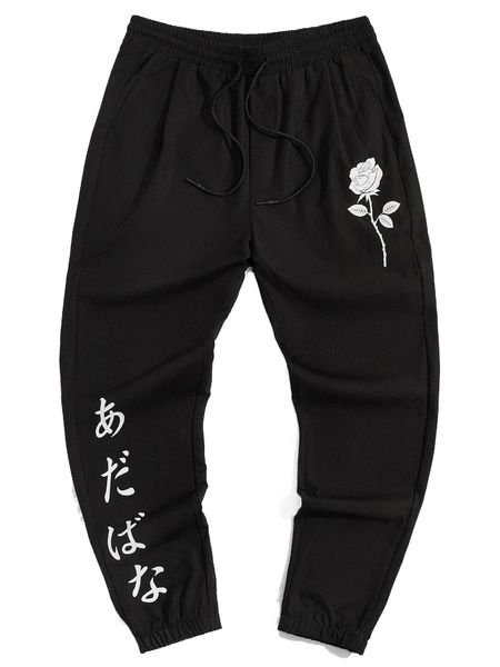 

men floral & japanese letter graphic drawstring waist pants e6pm#, Black