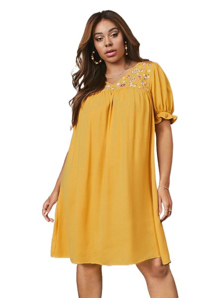 

plus floral embroidery puff sleeve plicated detail dress i7re#, Black