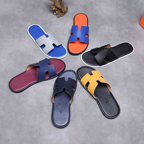

correct herme men's slippers casual leather palm print h slippers men's trend wear men's version of personalized and versatil, Black