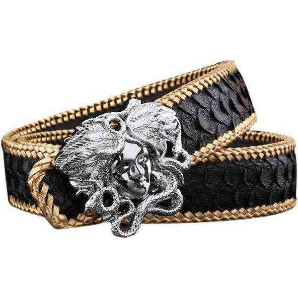 

medusa belt designer belts imported python leather belt men's medusa hand woven leather pants belt with diamond beauty head and smooth, Black;brown