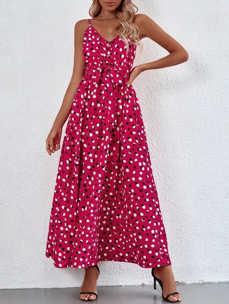 

allover print belted button front cami dress t7ri#, Black;gray