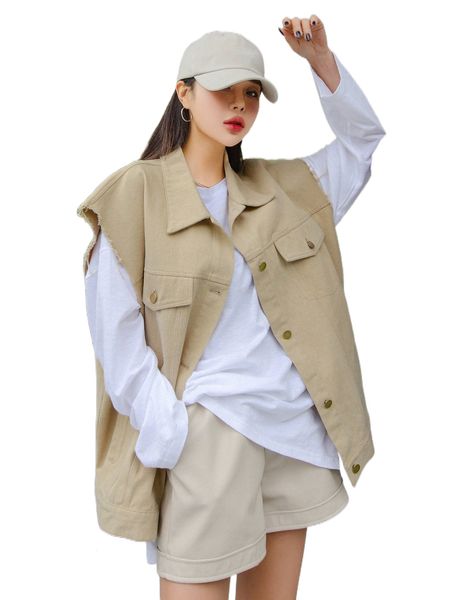

dazy flap detail frayed trim sleeveless coat c4gf#, Black