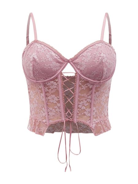 

plus floral lace ruffle hem lace up front underwire bra v4u2#, Black;white