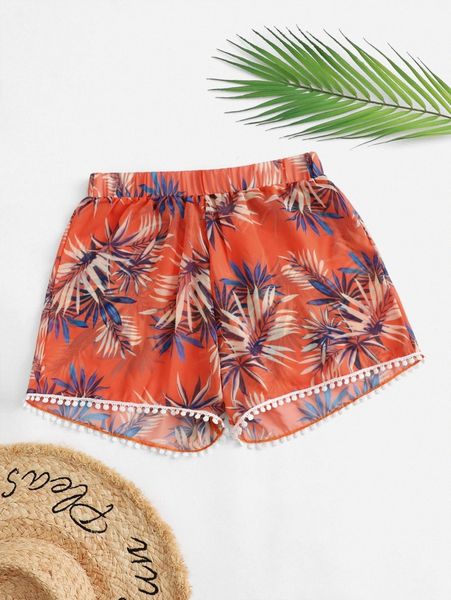 

plant print pom-pom decor cover up u1t5#, White;black