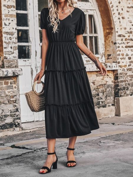 

puff sleeve layered frill hem dress i9zp#, Black;gray