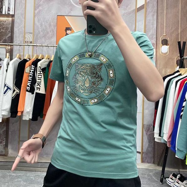 

hip hop rhinestone t shirt men tiger print streetwear harajuku high street short sleeve cotton tee slim fit plus size summer tee, White;black