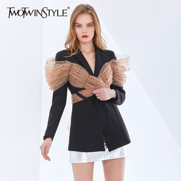 

patchwork mesh casual blazer for women notched long sleeve elegant blazers female fashion clothing spring 210423, White;black