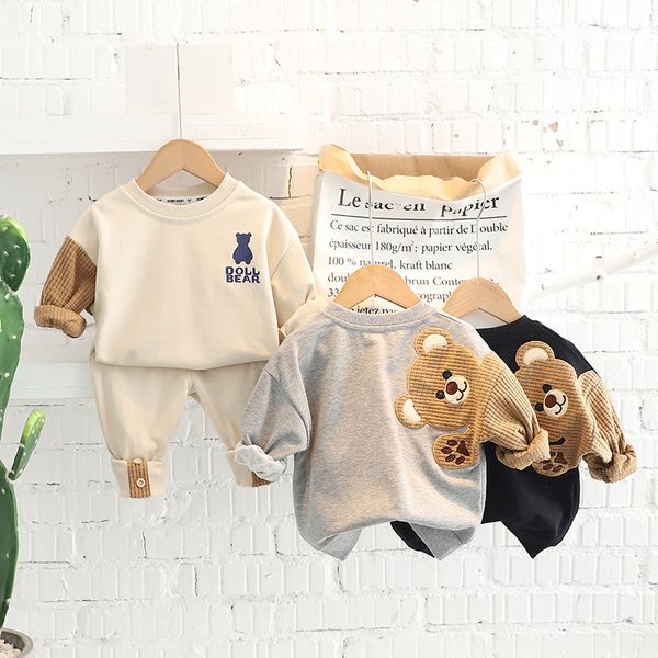 

New Spring Autumn Children Clothing Boys Bear Casual Sports T-shirt Pants 2pcs/set Infant Outfit Kids Clothes Suit Tracksuits, Gray