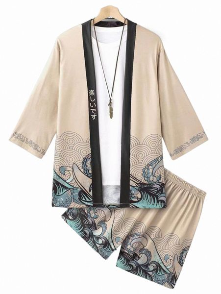 

men random letter & wave print kimono & shorts without tee x7rh#, Gray