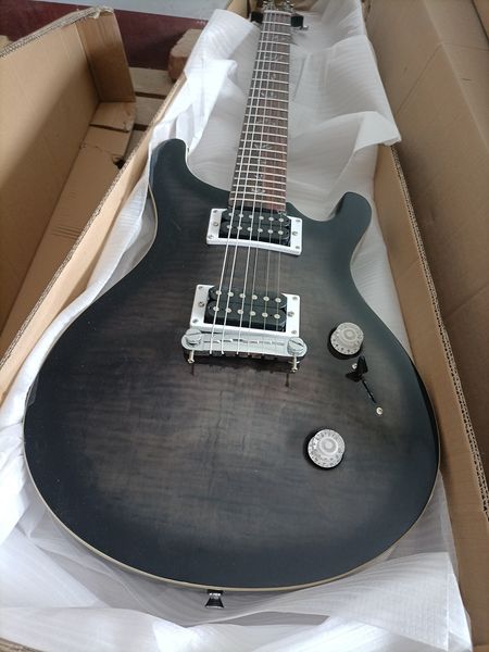 

6 strings transparent black electric guitar with flame maple veneer rosewood fretboard