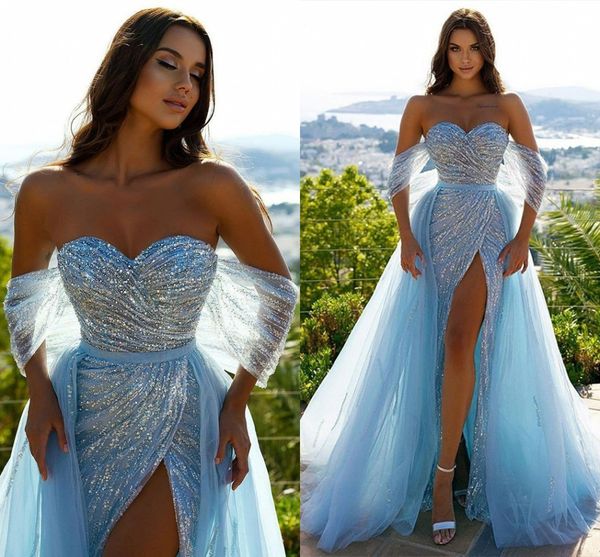 

sky blue off shoulder mermaid sequined evening prom dress for women sweetheart high slit party gown robes de soirÃ©e 2022 vestidos festa, Black;red