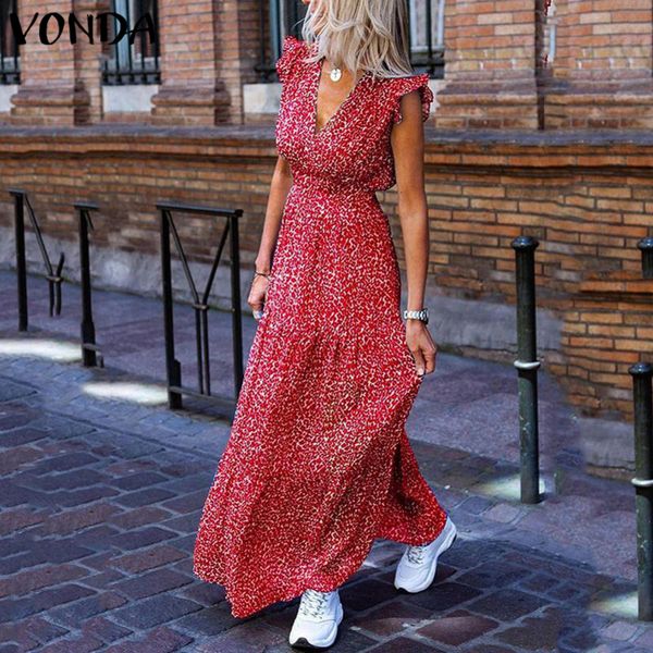 

vonda bohemian summer dress v neck sleeveless vintage floral printed long maxi dresses plus size beach holiday vestido y200910, Black;gray