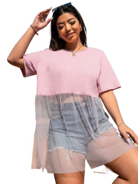 

plus contrast mesh t-shirt k61h#, Black