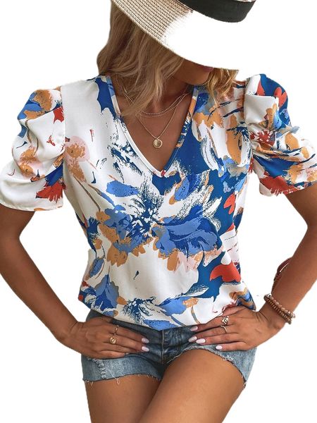 

floral print puff sleeve blouse i8qn#, White