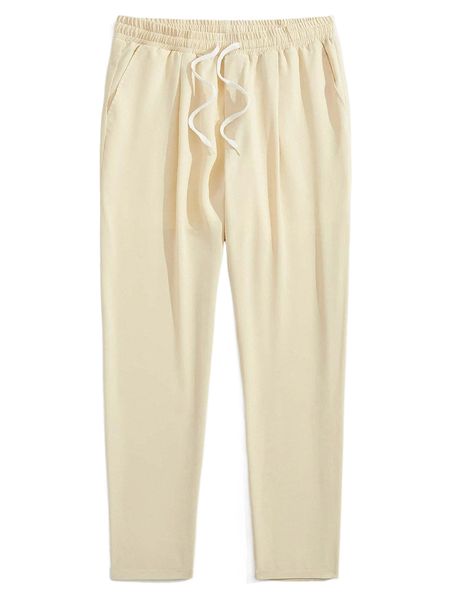 

men solid drawstring waist slant pocket pants f7kc#, Black