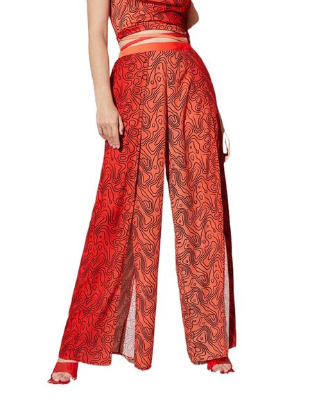 

x maria split thigh wrap graphic print pants 3749#, Black;white