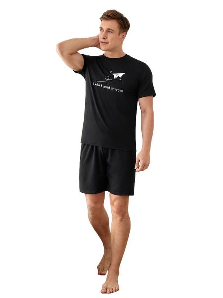 

men paper airplane & slogan graphic pj set l88r#, Black;brown