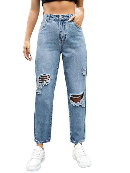 

high waist ripped mom fit jeans 75xq#, Blue