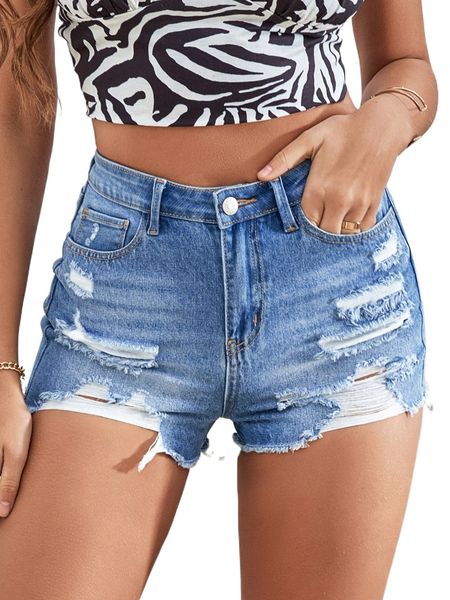 

zipper fly ripped raw hem denim shorts e7pt#, White;black