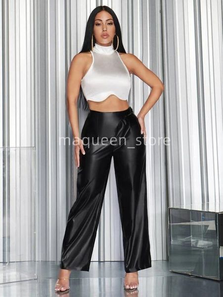

wide leg cut out waist pu pants 6655ss8, Black;white