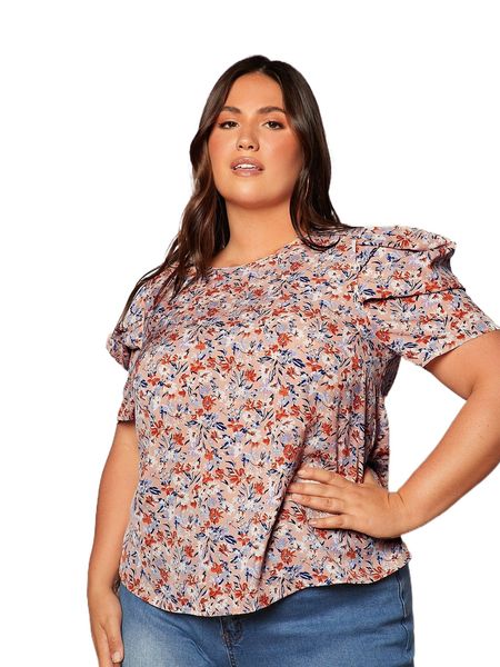 

plus ditsy floral print puff sleeve blouse l45m#, Black
