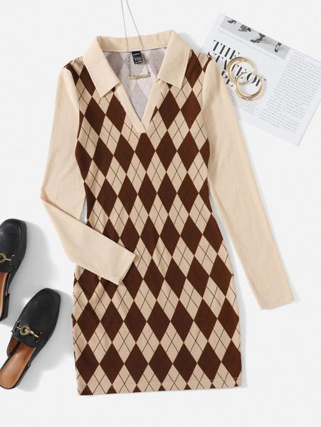 

argyle print collared dress 98pk#, Black;gray