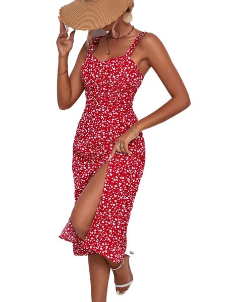 

women's casual dresses high split ditsy floral cami dress p6c0#, Black;gray