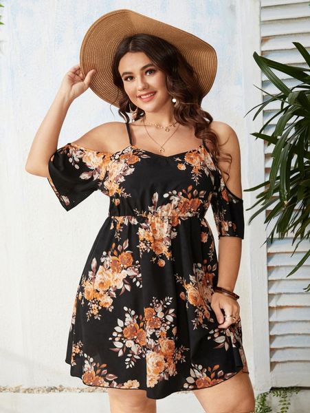 

plus floral print cold shoulder dress r4as#, Black