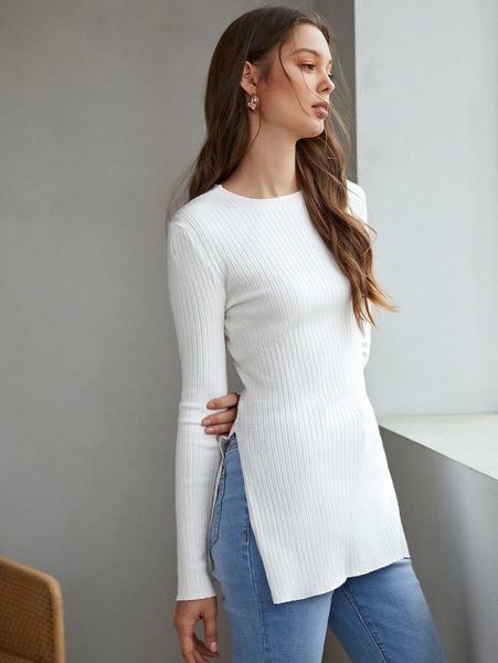 

split hem rib-knit sweater 27bt#, White;black