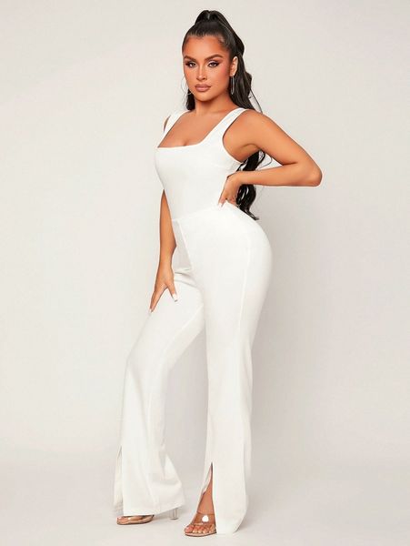 

sxy slit hem flare leg jumpsuit 94hp#, Black;white