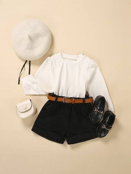 

toddler girls ribbed knit pullover & belted shorts she, White