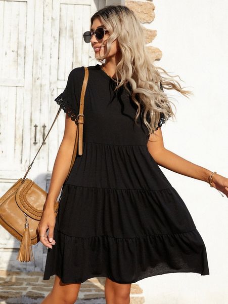 

guipure lace insert ruffle hem dress 65xw#, Black;gray