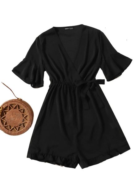 

f.lounce s.leeve tie side frill hem c.hiffon romper 61i2#, Black;white
