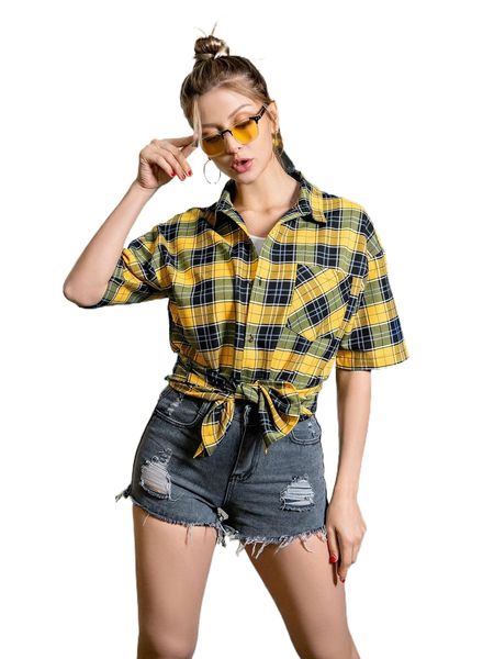 

plaid print pocket front drop shoulder blouse v6tp#, White