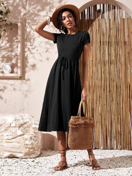 

solid drawstring waist midi dress z0u6#, Black;gray
