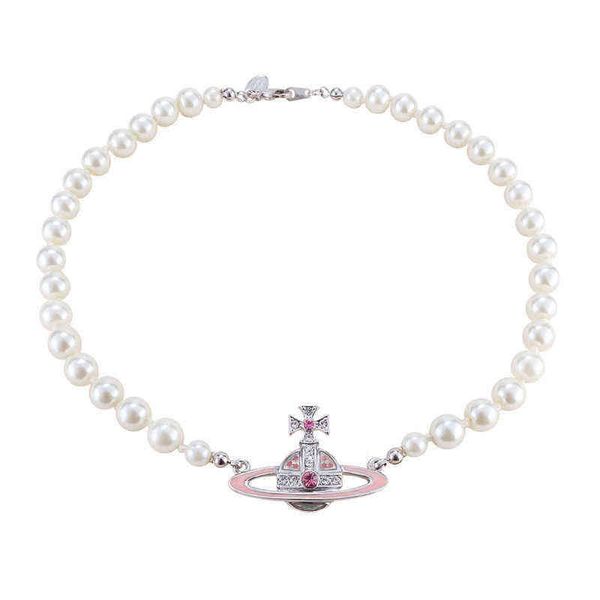 

charm charmnanspace- empress dowager vivian pink paint pearl necklace same neckchain package, Silver