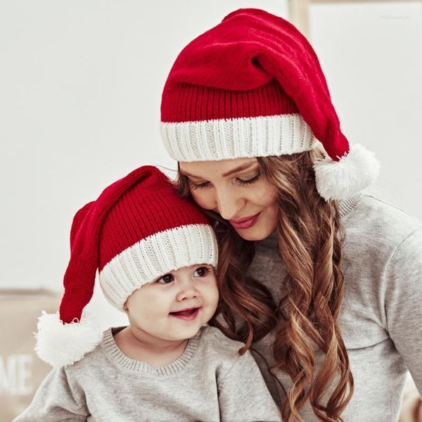 Beanie/Kafatası Kapakları Noel Ebeveyn-Çocuk Şapkası Sevimli Pompom Çocuk Boy Boy Beanie Cap Düz Renk Sıcak Tığ Mom Bebek Bonnet Çocuklar Elob