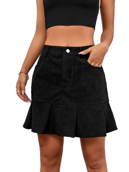 

high waist slant pocket ruffle hem skirt a7yn#, Black