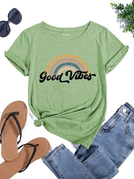 

rainbow striped & letter graphic tee j9e9#, White