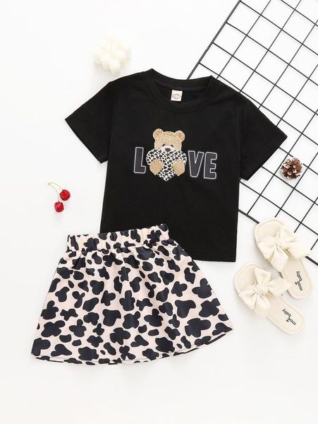 

toddler girls bear & letter graphic tee & cow print skirt she, White