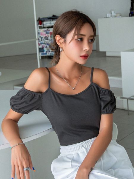 

dazy cold shoulder rib-knit tee 18qn#, White