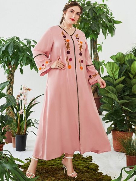 

plus floral embroidery contrast tape tunic dress x9yp#, Black